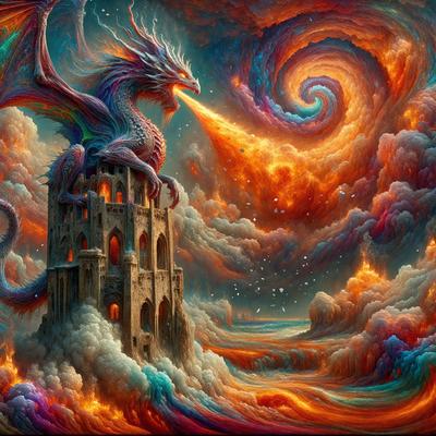 Primary subject: A dragon with a fire breathing effect, sitting on top of a castle.

Setting/background: The dragon is sitting on top of a castle, which is surrounded by a cloudy sky.

Visual style: The image is a digital art or illustration, featuring a vibrant and colorful dragon.

Colors and mood: The dominant colors are orange and blue, creating a lively and energetic atmosphere.